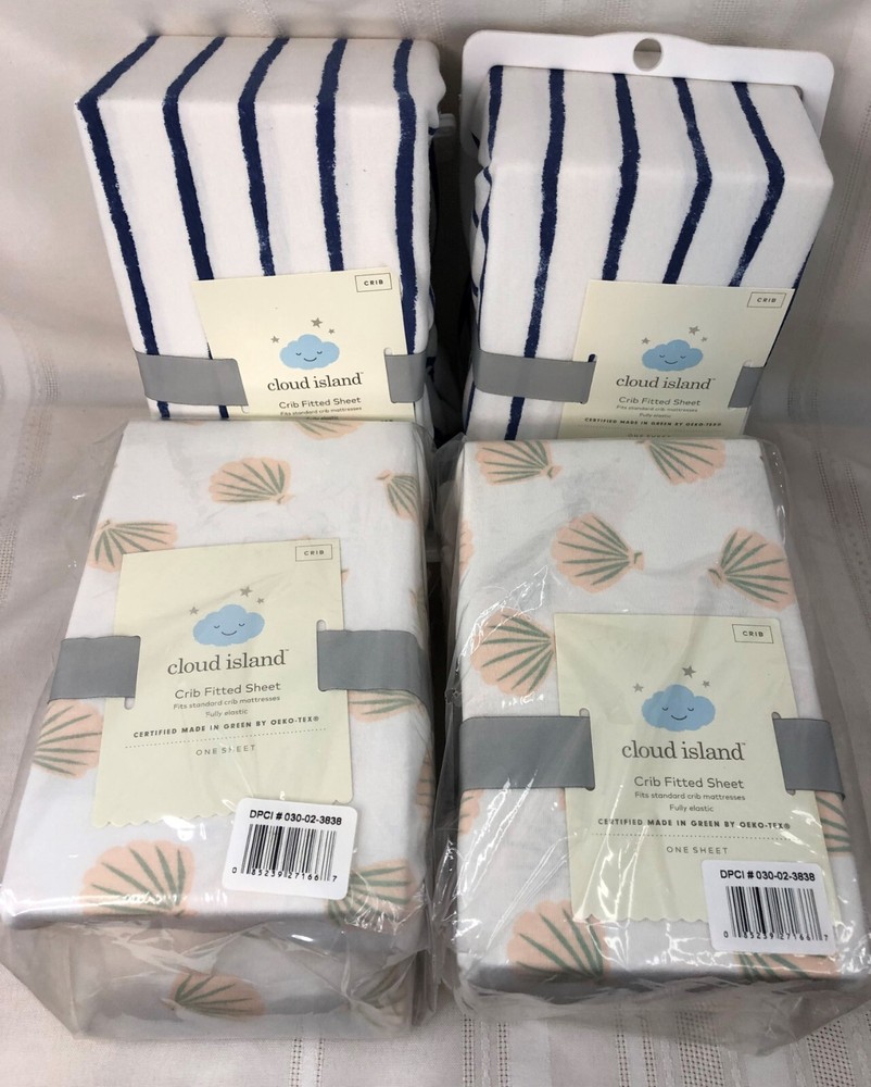 Cloud Island Crib Fitted Sheets Seashells + Navy Blue Vertical Striped x4