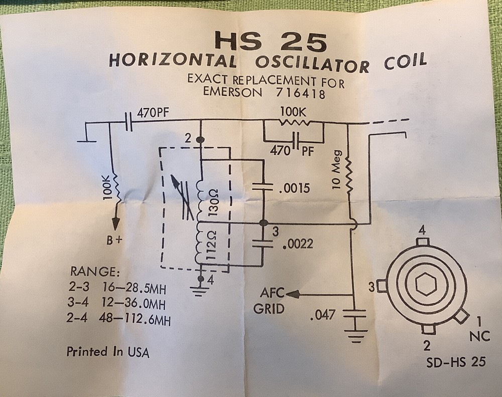 Thordarson HS25 Horizontal Oscillator Coil Emerson 716418