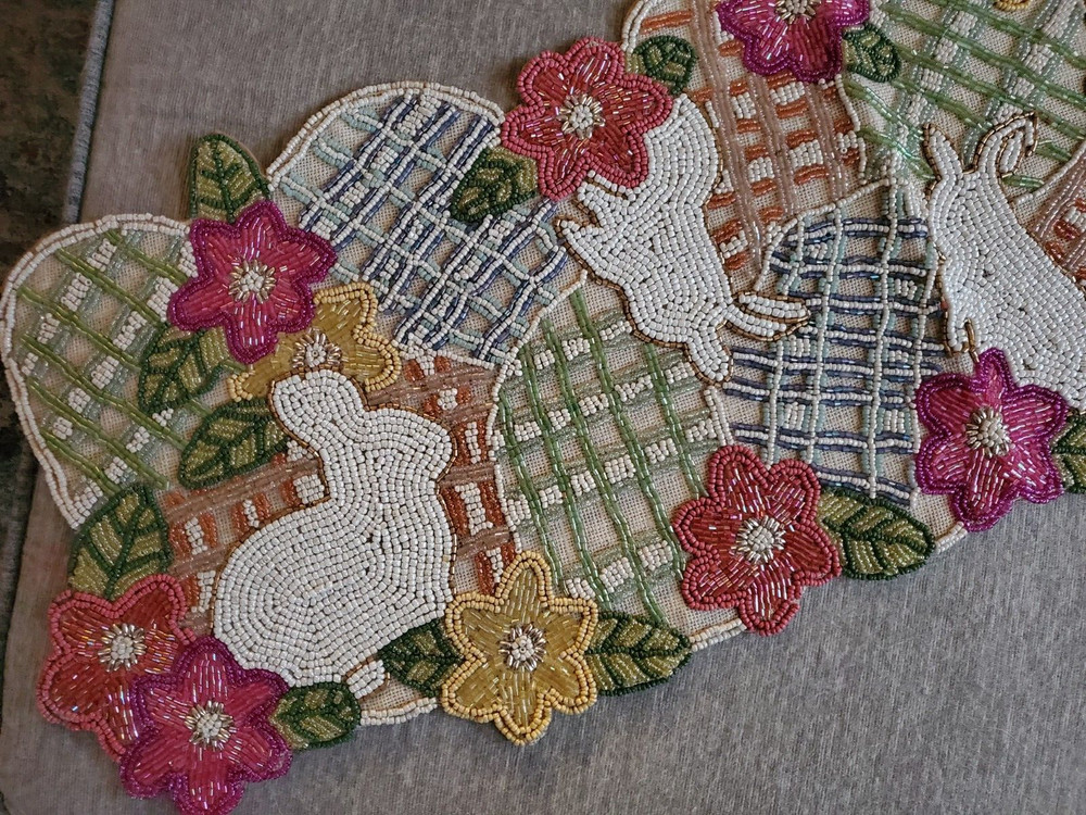 Easter Beaded Table Runner Pastel Bunny Eggs Floral