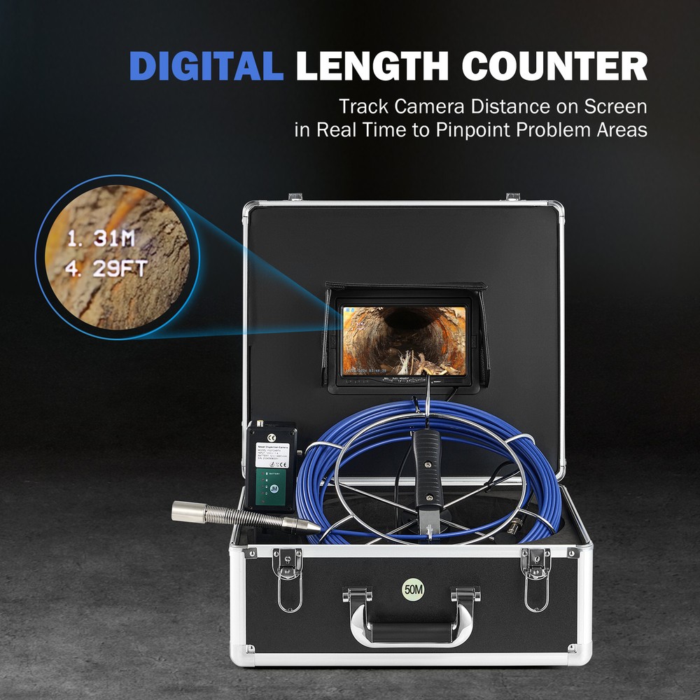 7" Self-Leveling Sewer Camera 50M Pipe Inspection Camera 512Hz Transmitter 720P