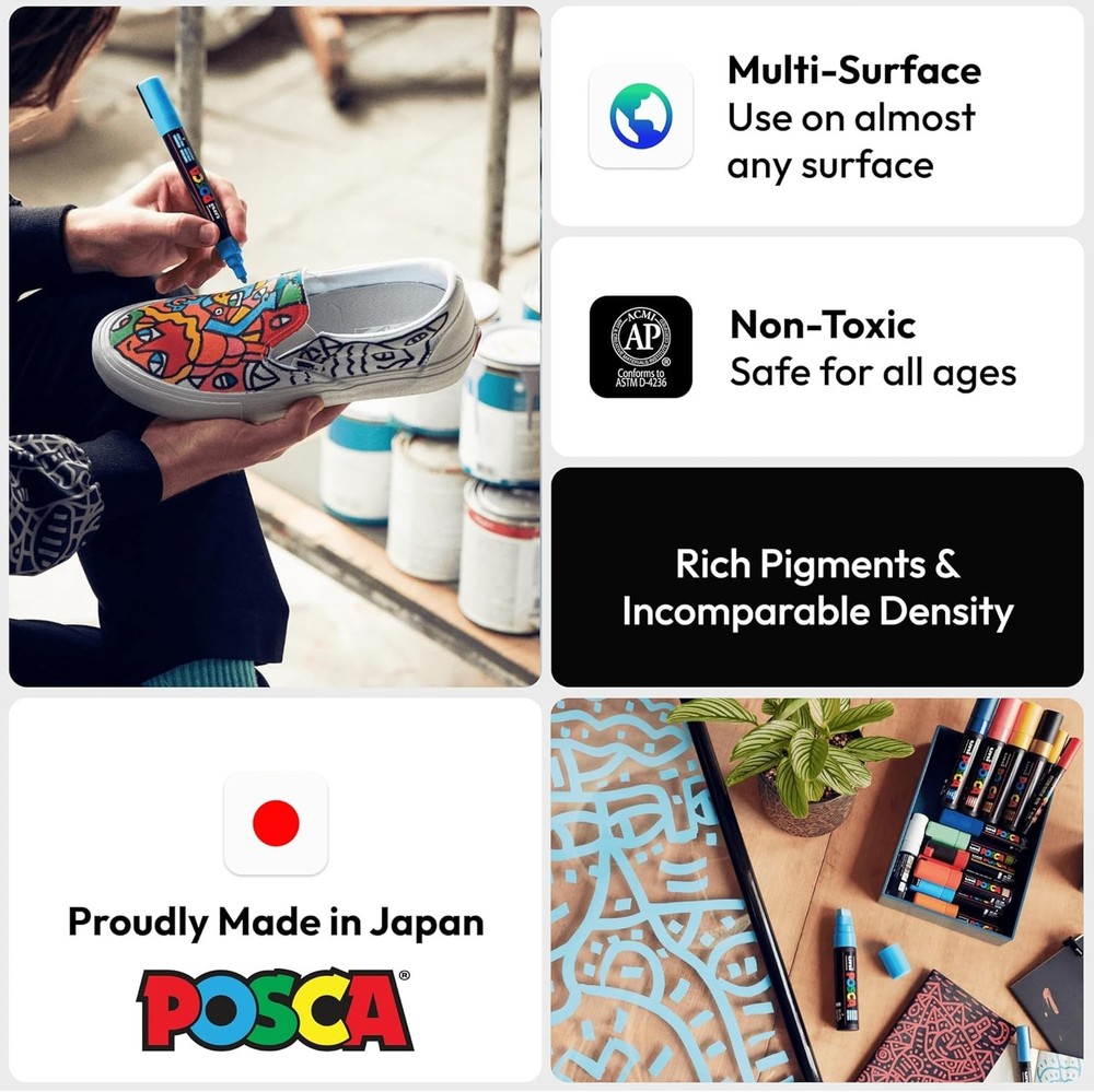 uni POSCA PC-5M Water-Based Paint Markers, Reversible Medium Tip 1.8-2.5mm 16Pcs