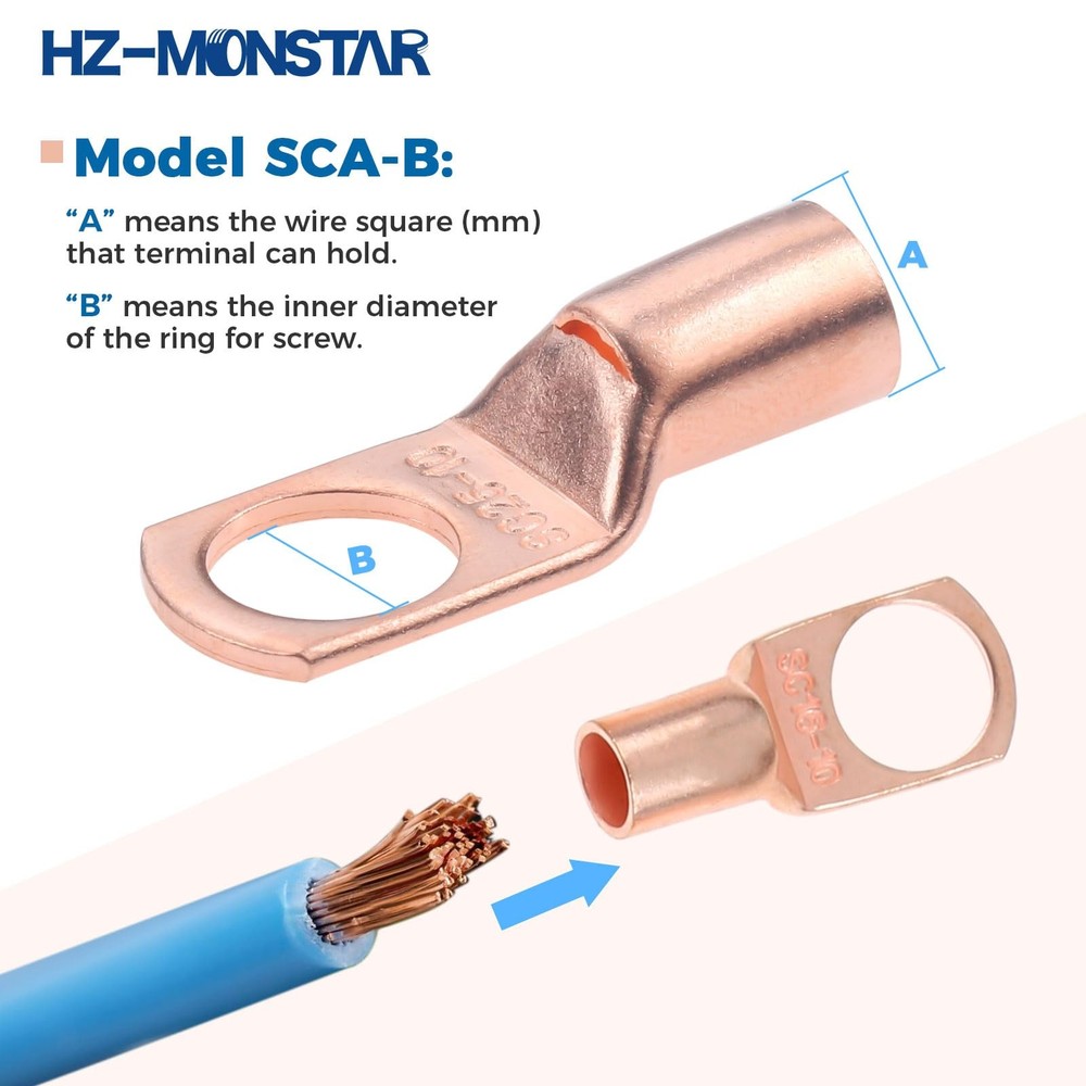 Copper Battery Cable Ends, 12 Sizes Battery Wire Lugs Eyelets Tubular Ring Te...