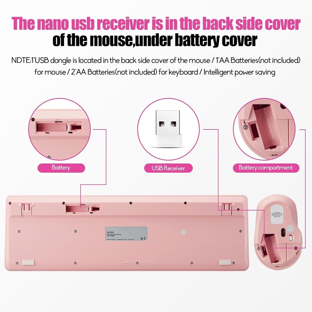 Wireless Keyboard and Mouse Combo, 2.4 GHz Full-Sized Pink