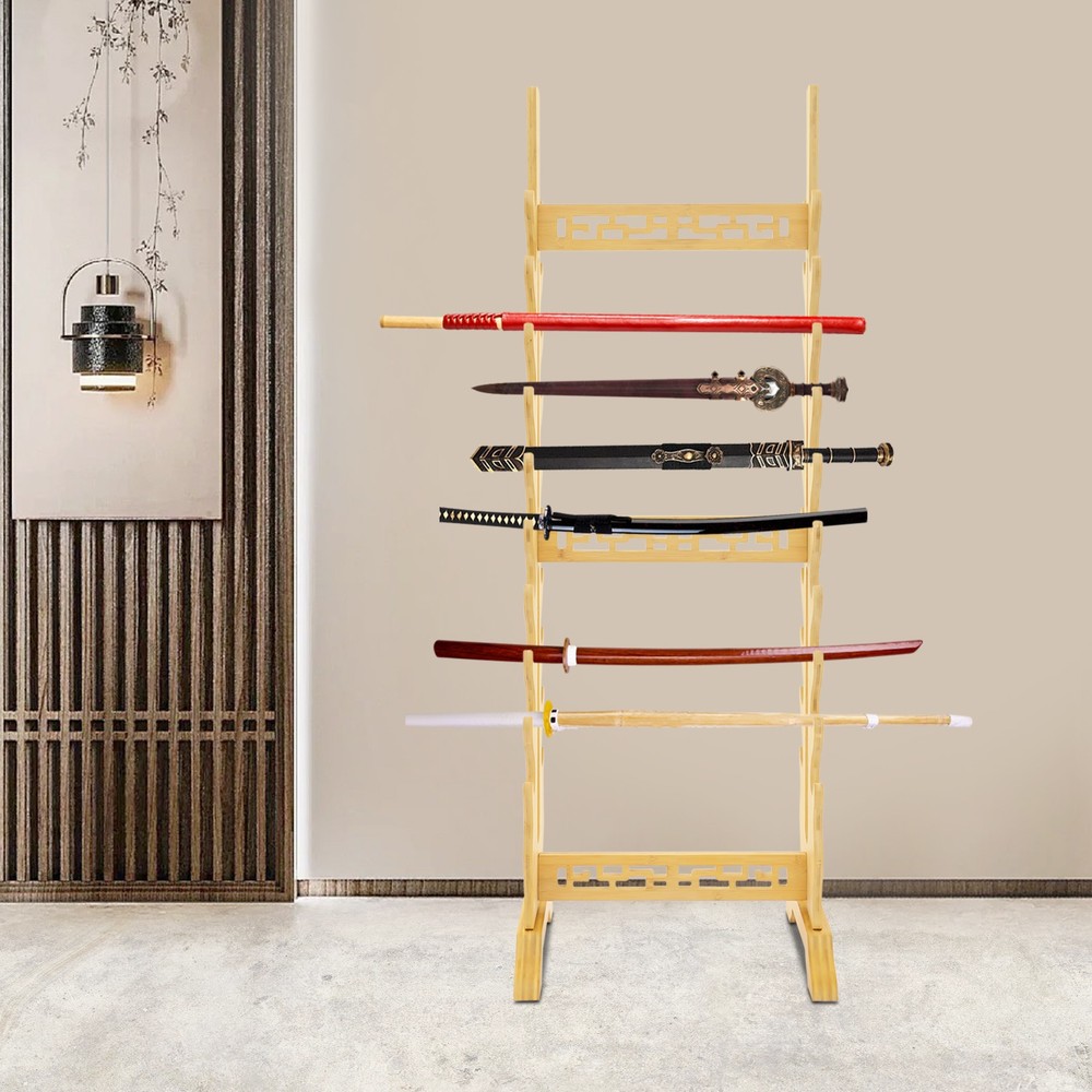 20 Tier Medieval Sword Stand Solid Wood Horizontal Display Rack for Katana Sword