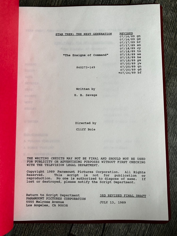 STAR TREK Script The Next Generation Ensigns Of Command 3rd Revised Final Draft