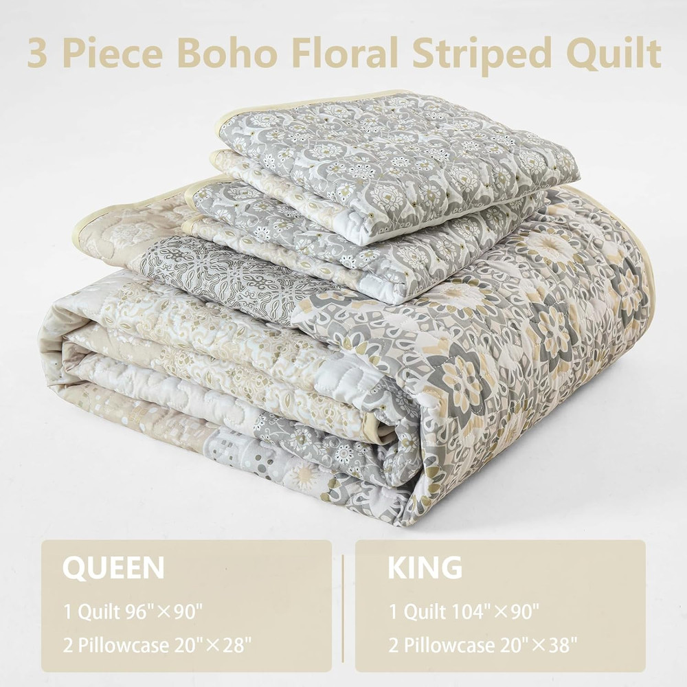 Boho Quilt Set King Size,Beige Bohemian Striped Patchwork Bedspread Set,3 Pieces