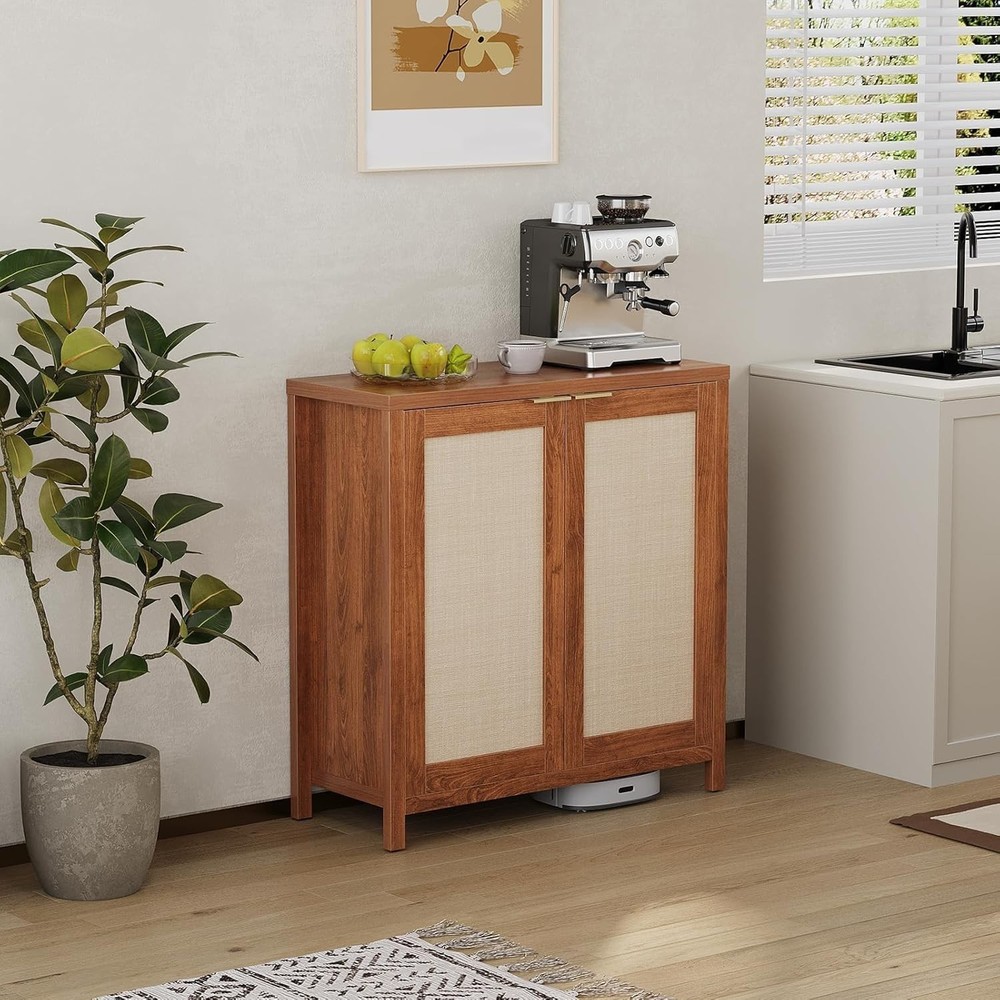 Rattan Sideboard Buffet Cabinet W/ Large Storage & Adjustable Shelves Boho