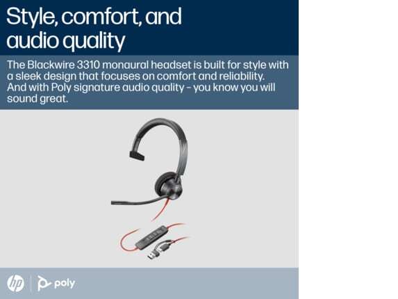 Poly Blackwire 3310 Monaural Microsoft Teams Certified USB-C Headset +USB-C/A
