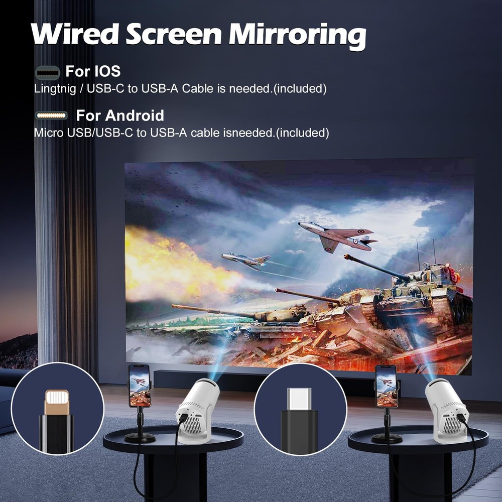 Mini projector, with wired screen sync 4K 1080P portable projector 180° white