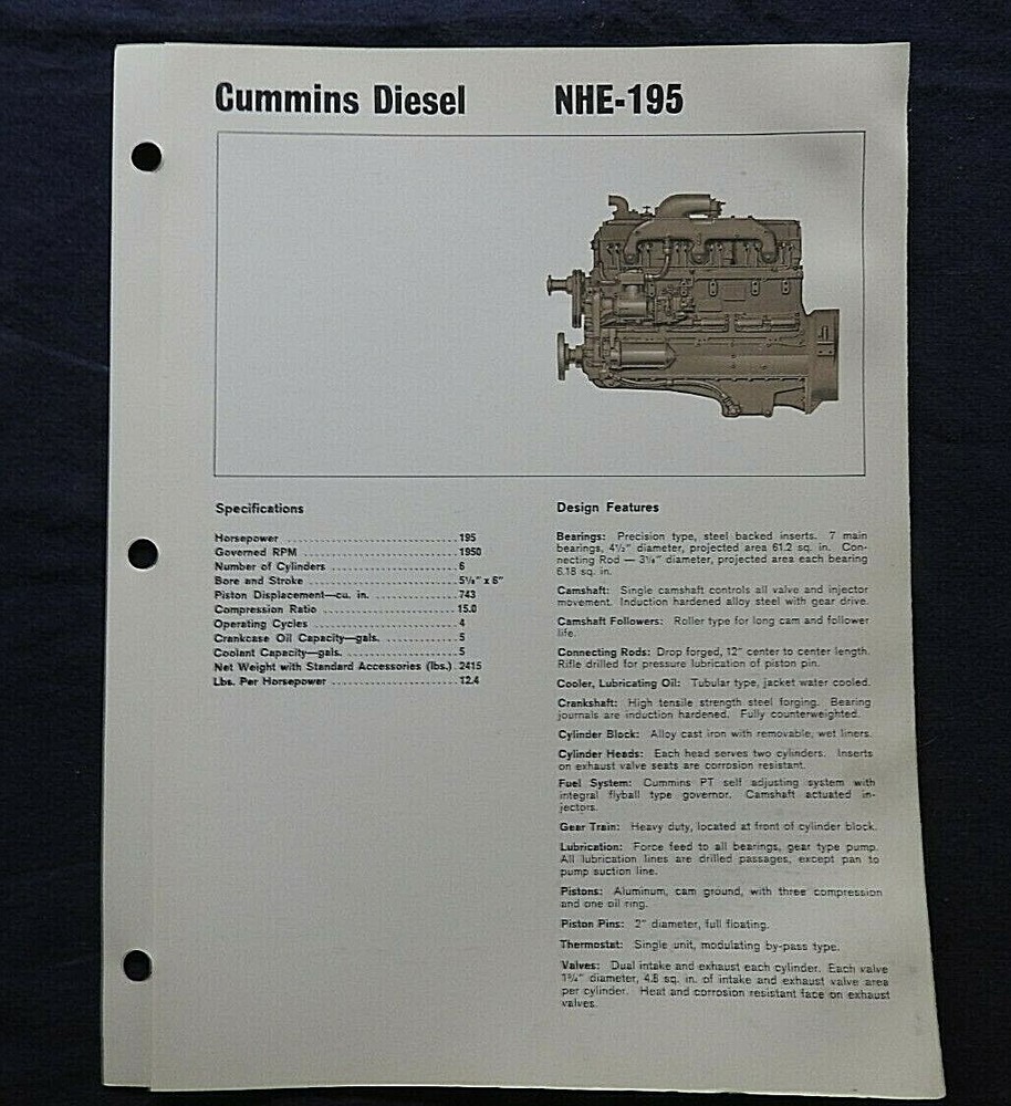 1966 GENUINE CUMMINS "NHE-195 DIESEL ENGINE" SPECIFICATION BROCHURE