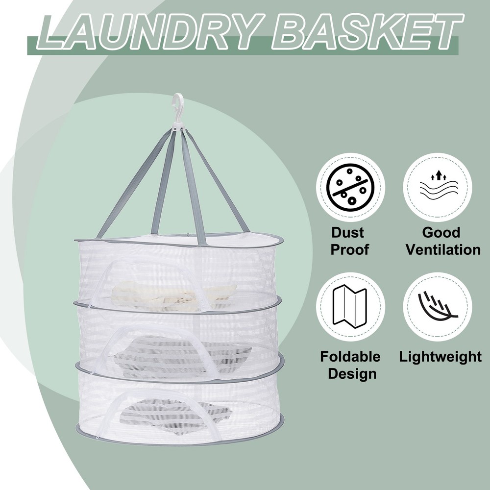 24" Herb Drying Rack Hanging 3 Layer Hanging Mesh Net with Zipper, Grey
