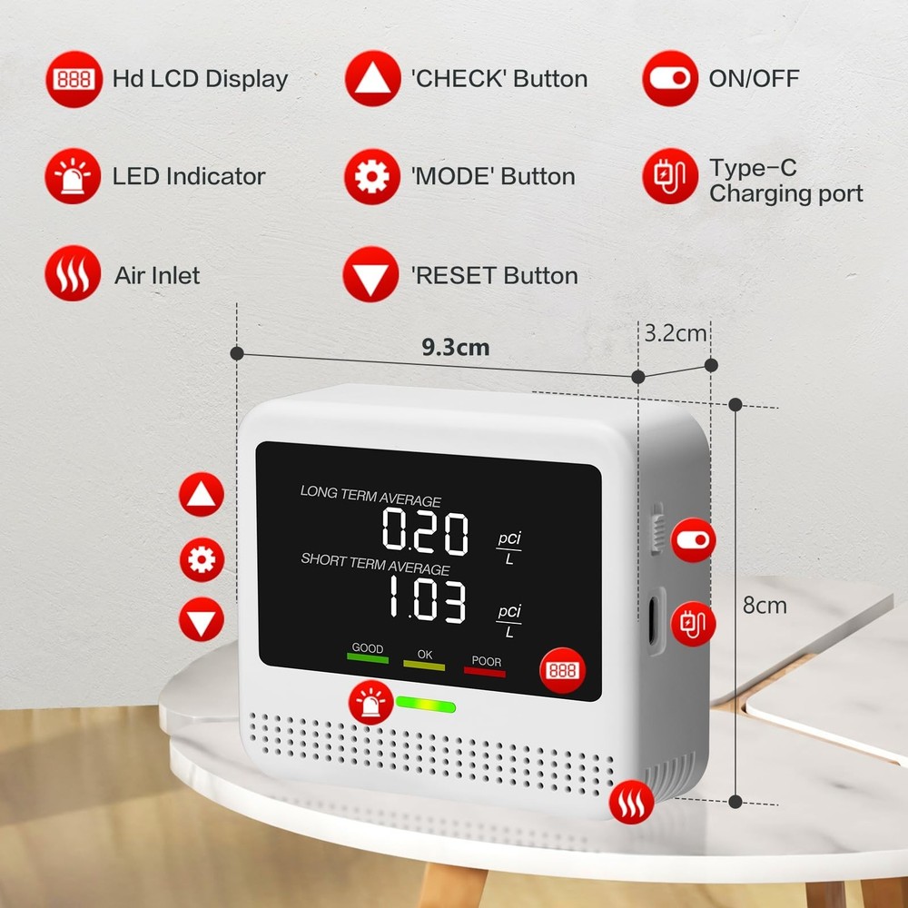 Digital Radon Detector - User-Friendly Desktop Device with HD LCD Display, 2-...