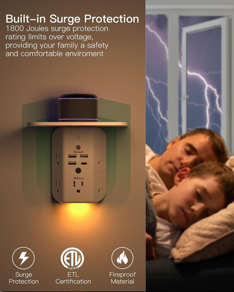 Wall Outlet Extender with Shelf and Night Light, Surge Protector, Wall Mount ...