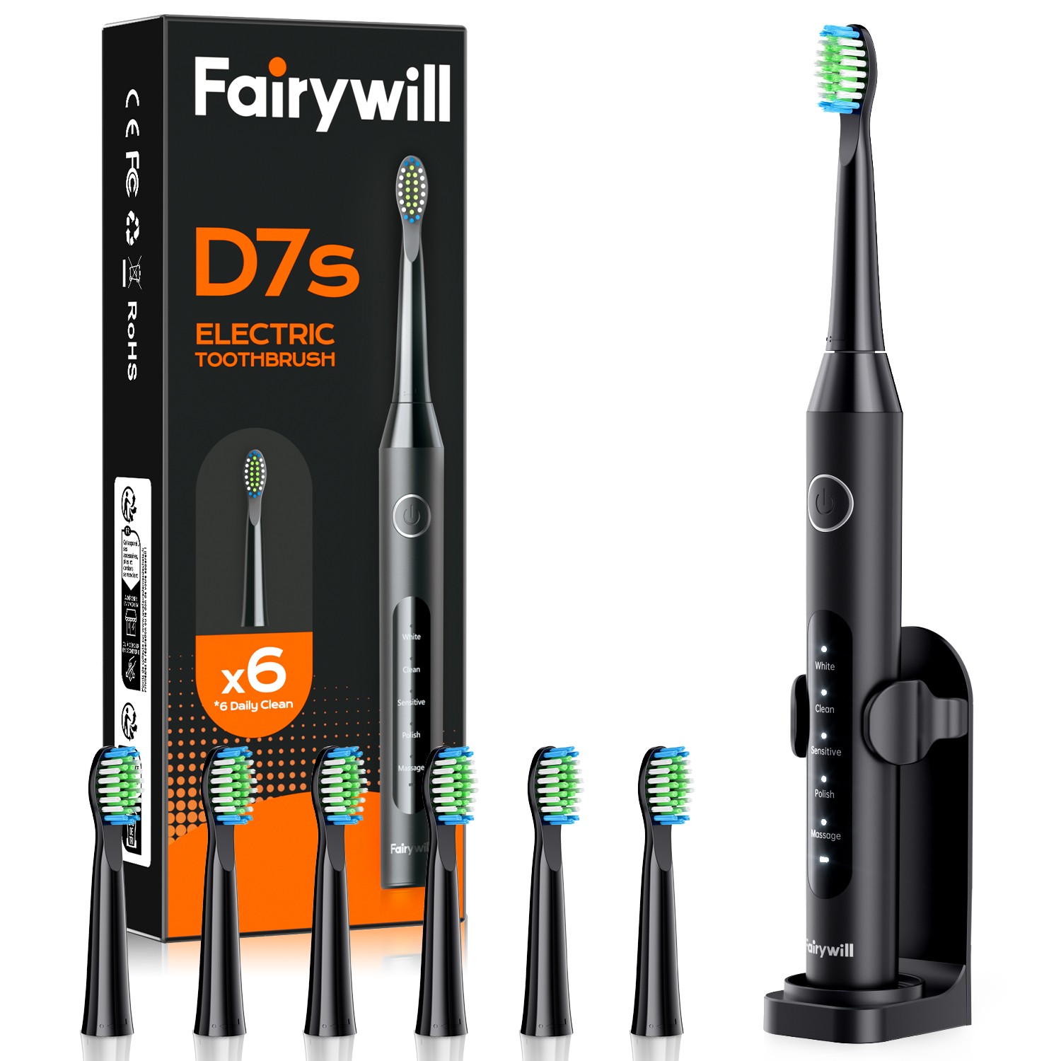 Fairywill Sonic Electric Toothbrush 5 Mode Timer Rechargeable with 6 Brush Heads