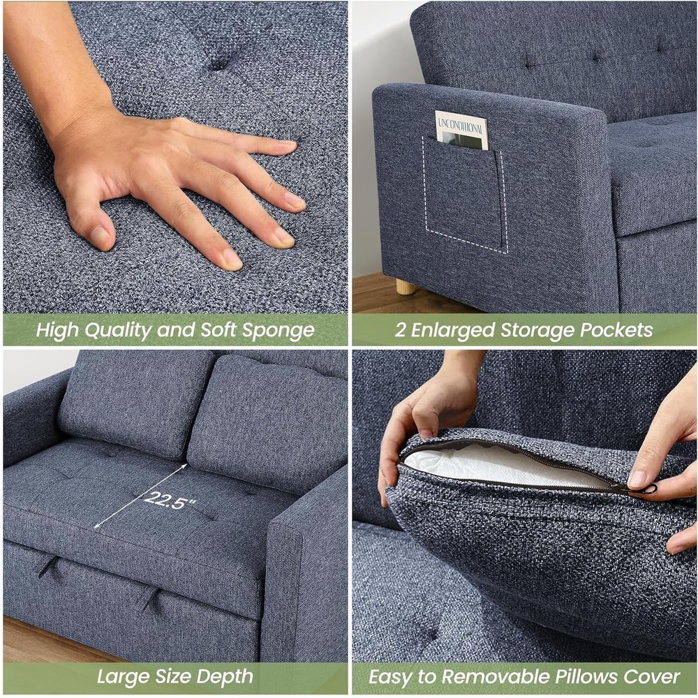 Convertible Sofa Bed, 3-in-1 Sleeper Sofa Pull Out Couch Bed,2-Seater Linen Sofa