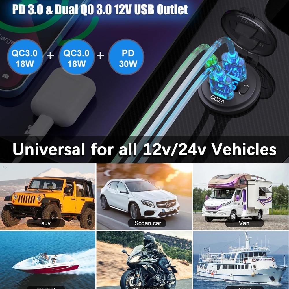 Dual USB Quick Charge 3.0 Port & PD USB C Car Charger Socket, 12V with Voltmeter