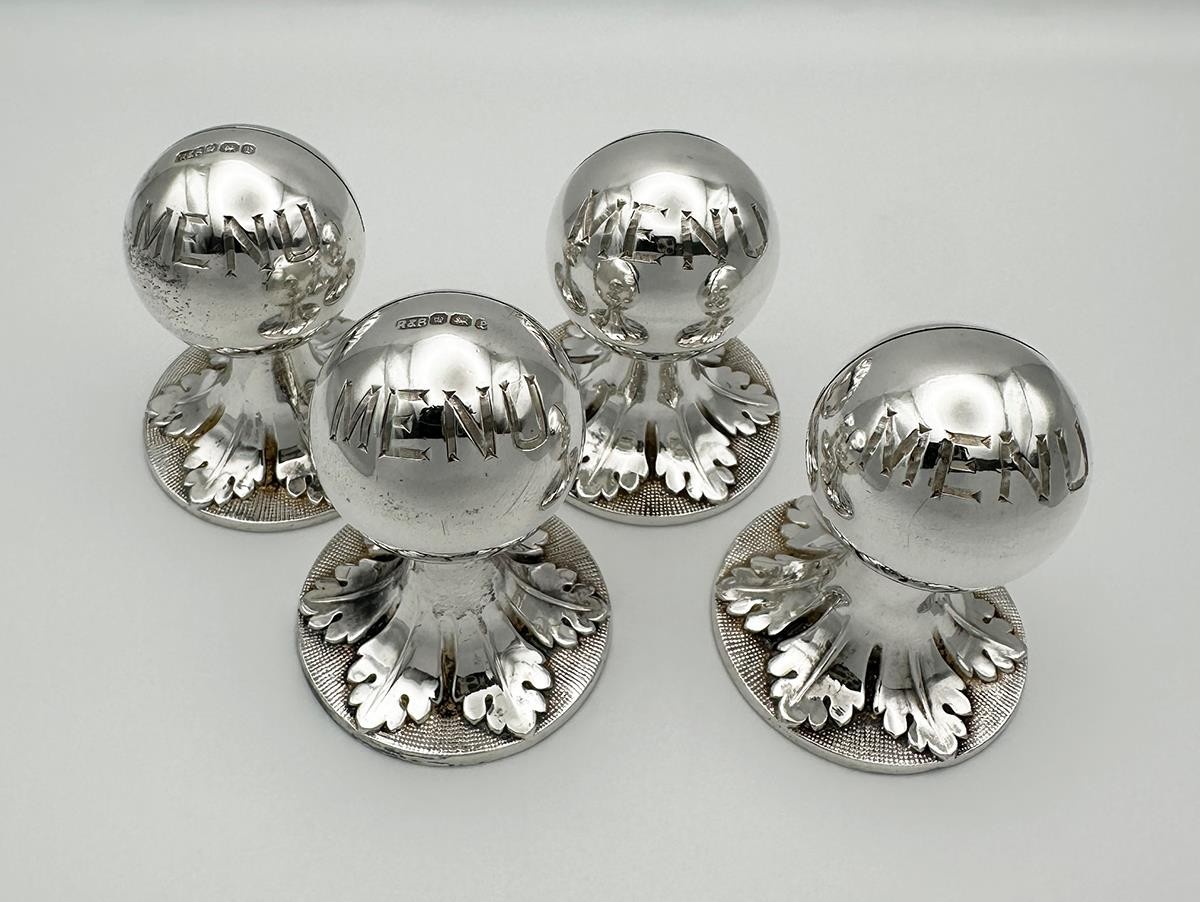SET 4 VICTORIAN MENU HOLDERS STERLING SILVER & SILVER PLATE 1897 ROBERTS & BELK