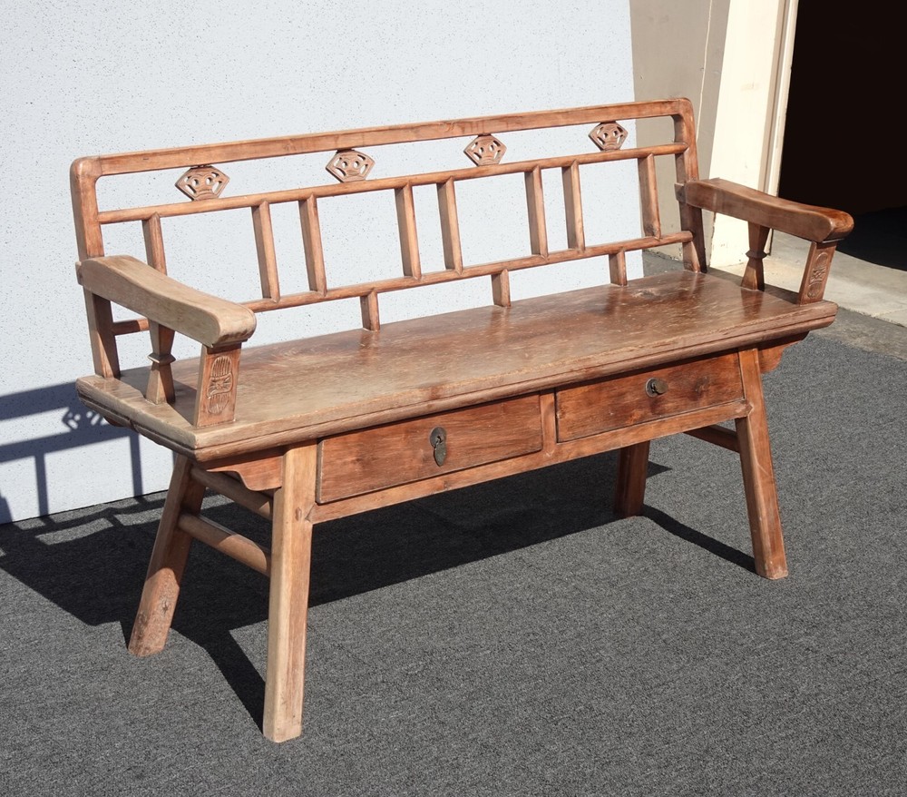 Vintage Rustic Asian Influence Teak Bench w Two Drawers