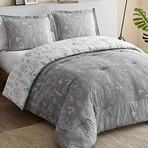 Bed Comforter Set - Reversible Floral White Bedding Comforter Set, Queen Grey