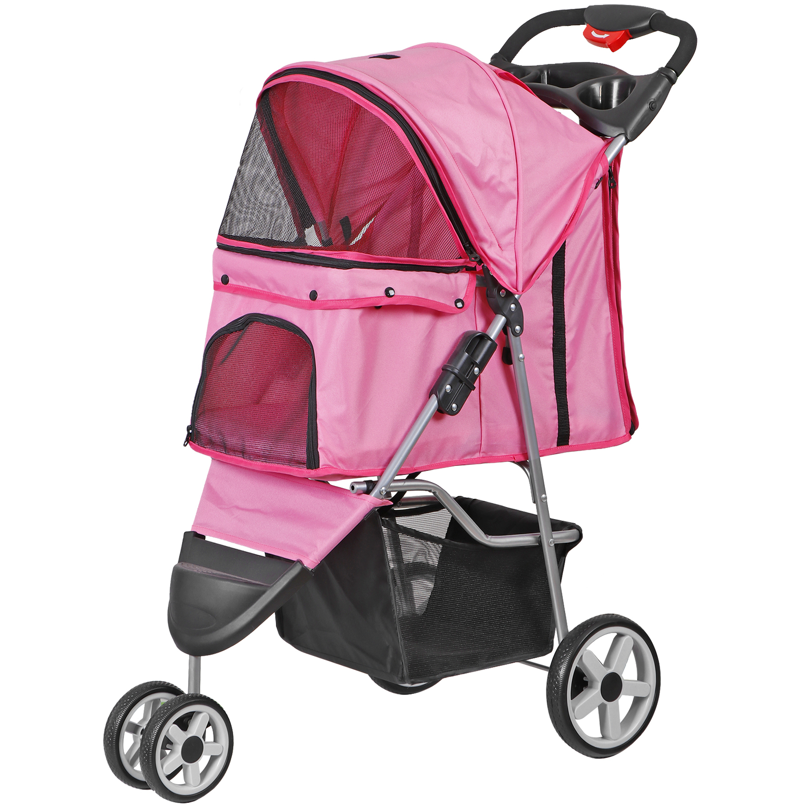 3 Wheels Pet Stroller Foldable Dog Stroller Cart Cat Carrier w/Cup Holder Pink