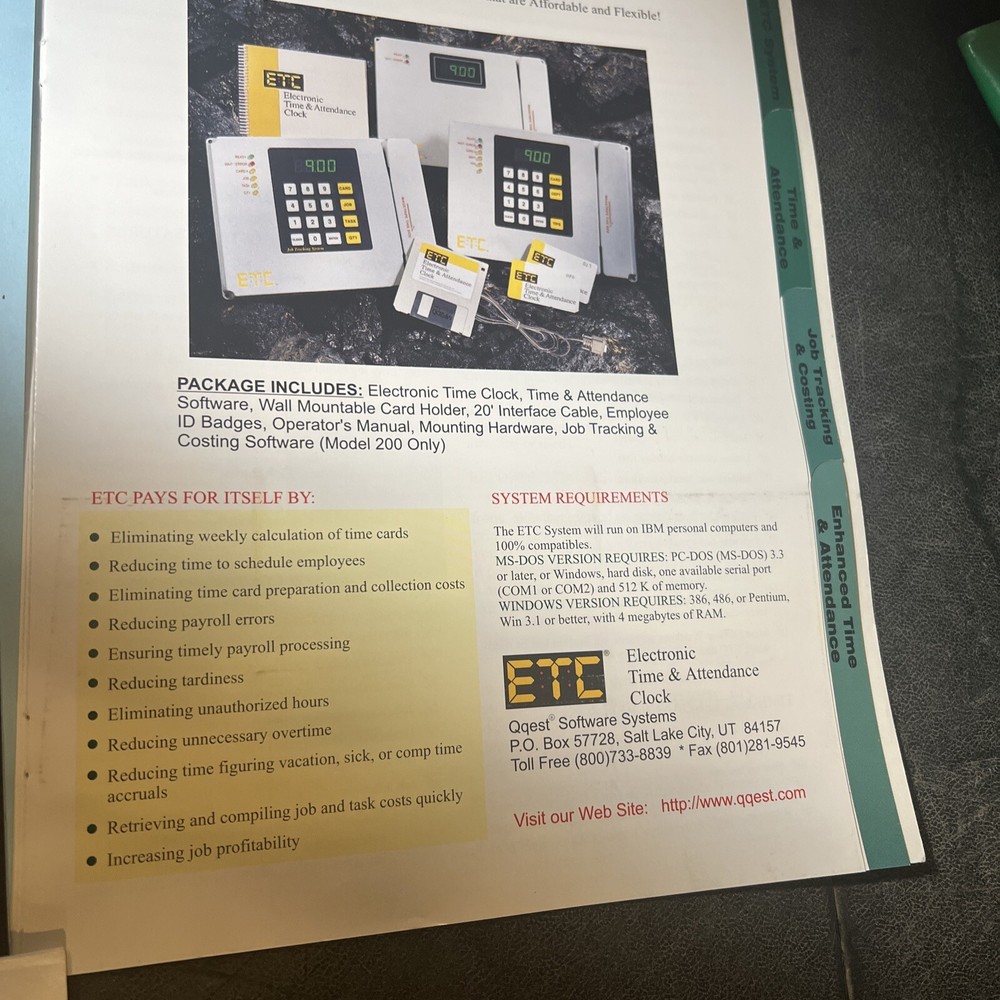 ETC MODEL 200 WORK TIME CLOCK CARD SWIPE JOB TRACKING SYSTEM WITH DISC INSTRUCT