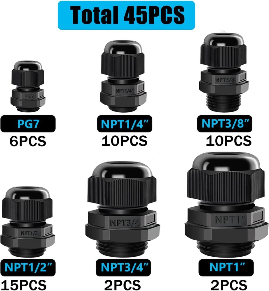 45PCS Cord Grip Cable Glands Kit,Cable 45PCS, 45pcs Black Kit