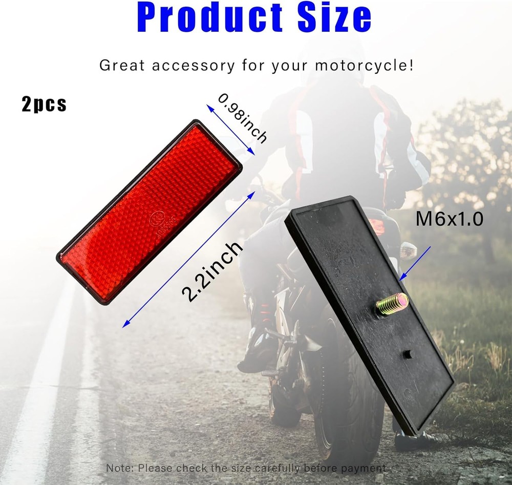 2 PCS M6 x 1.0 Motorcycle Reflectors, Plastic Screw Rectangular Red 56×25mm