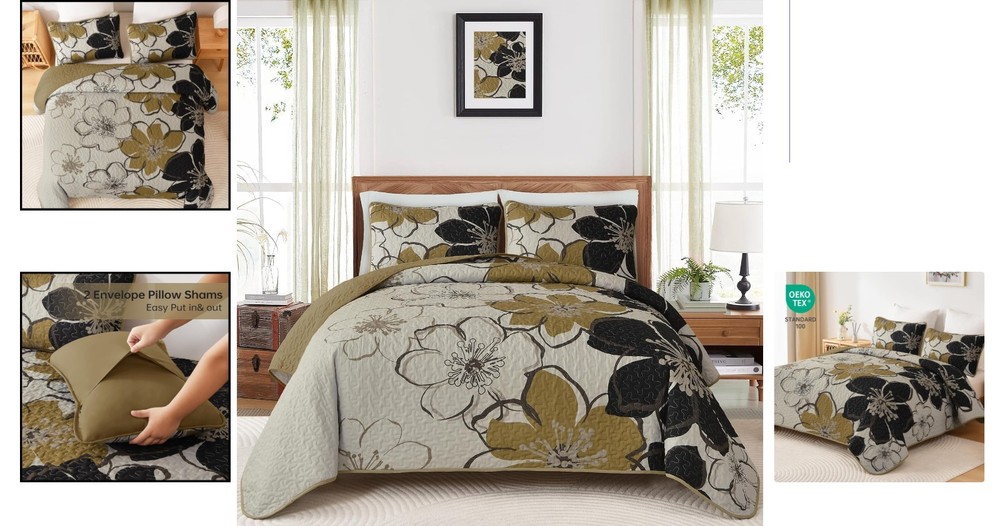 Reversible Microfiber Floral Quilt Set - Lightweight Queen Bedding Ensemble