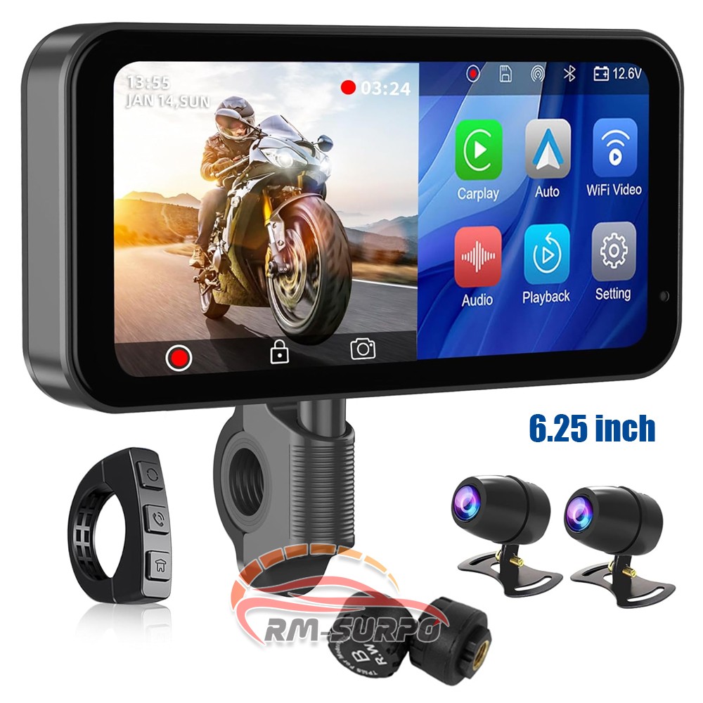 Wireless Motorcycle CarPlay Android Auto 6.25" Touch Screen GPS Navigation+TPMS