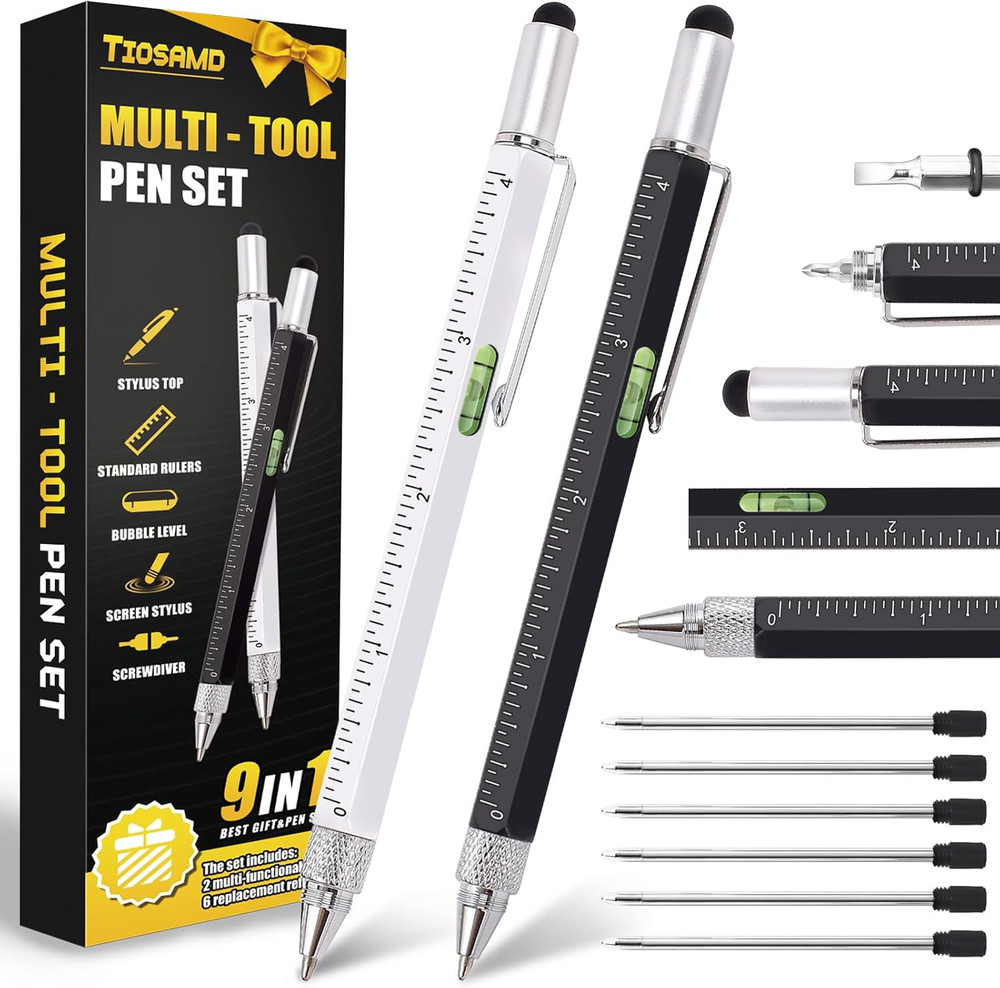 Stocking Stuffers for Men, 9 in 1 Multitool Pen 2Pcs and Refill 6Pcs, Unique Tec