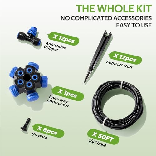 Garden Drip Irrigation Kit, Automatic Watering System with 5-Way 50FT