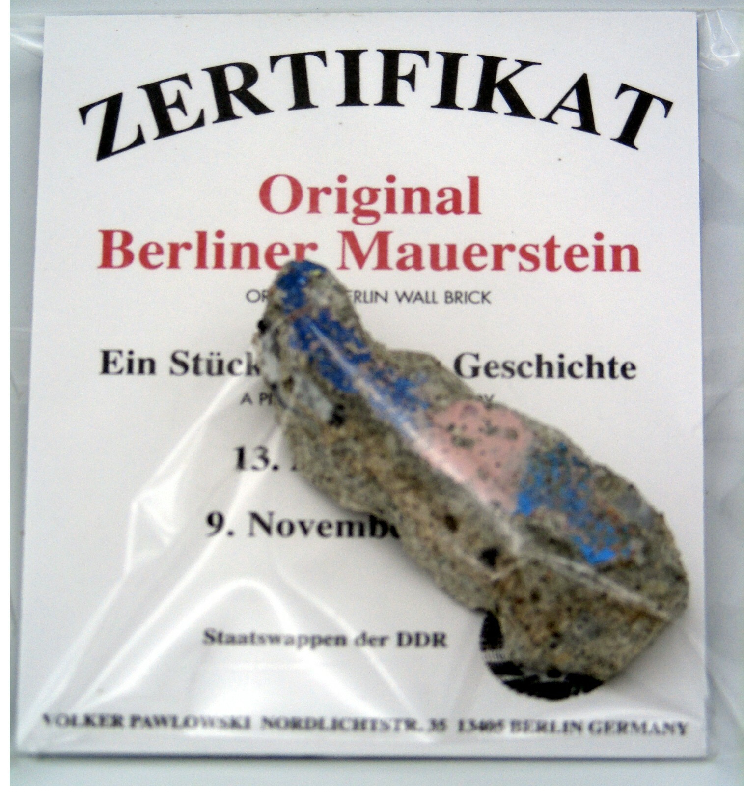 Real Piece of the BERLIN WALL with Certificate of Authenticity, Small