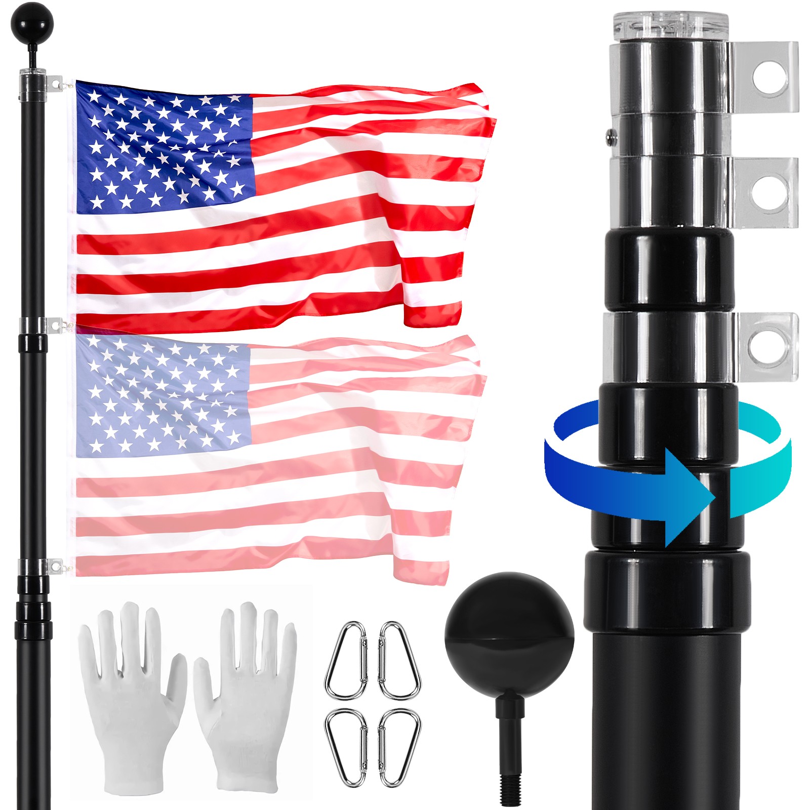 25FT Telescopic Flagpole Kit Heavy Duty Aluminum Flag Pole American Black