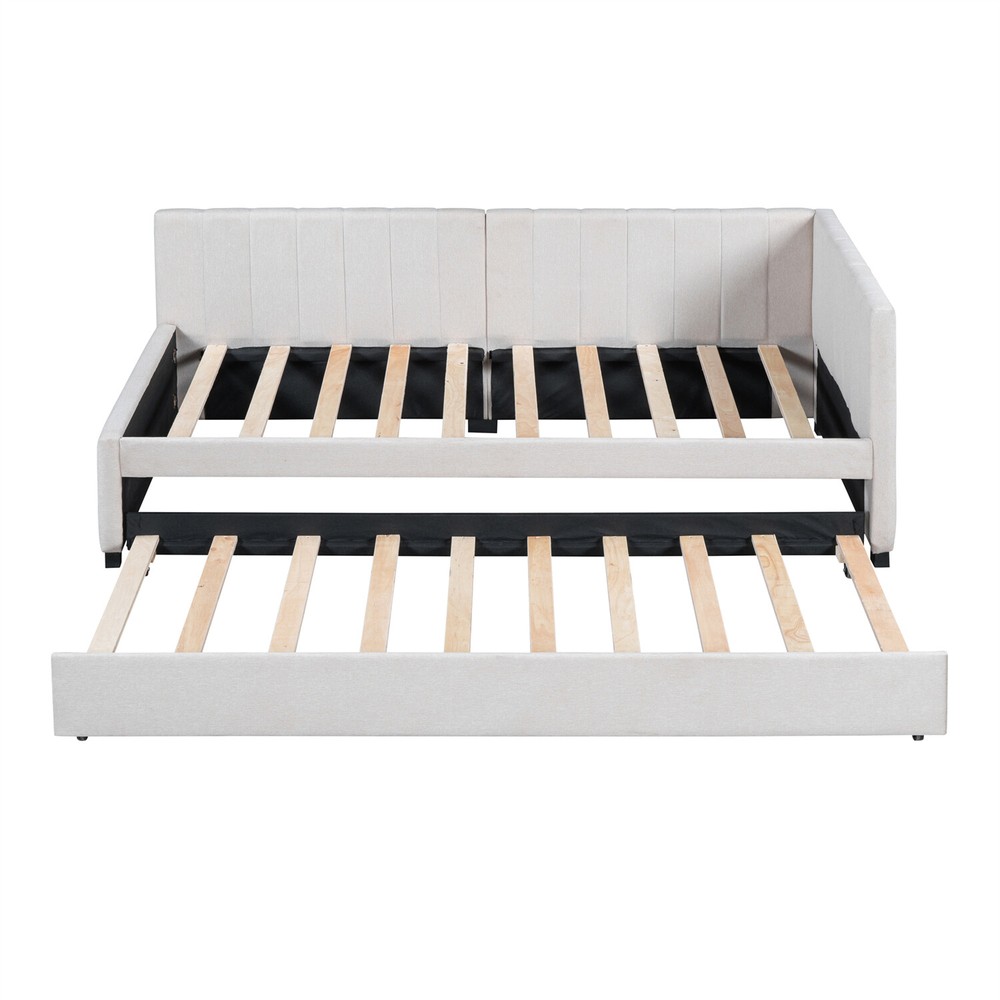 Twin Size Daybed w/ Pull-Out Trundle Linen Upholstered Bed Frame Sofa Bed US