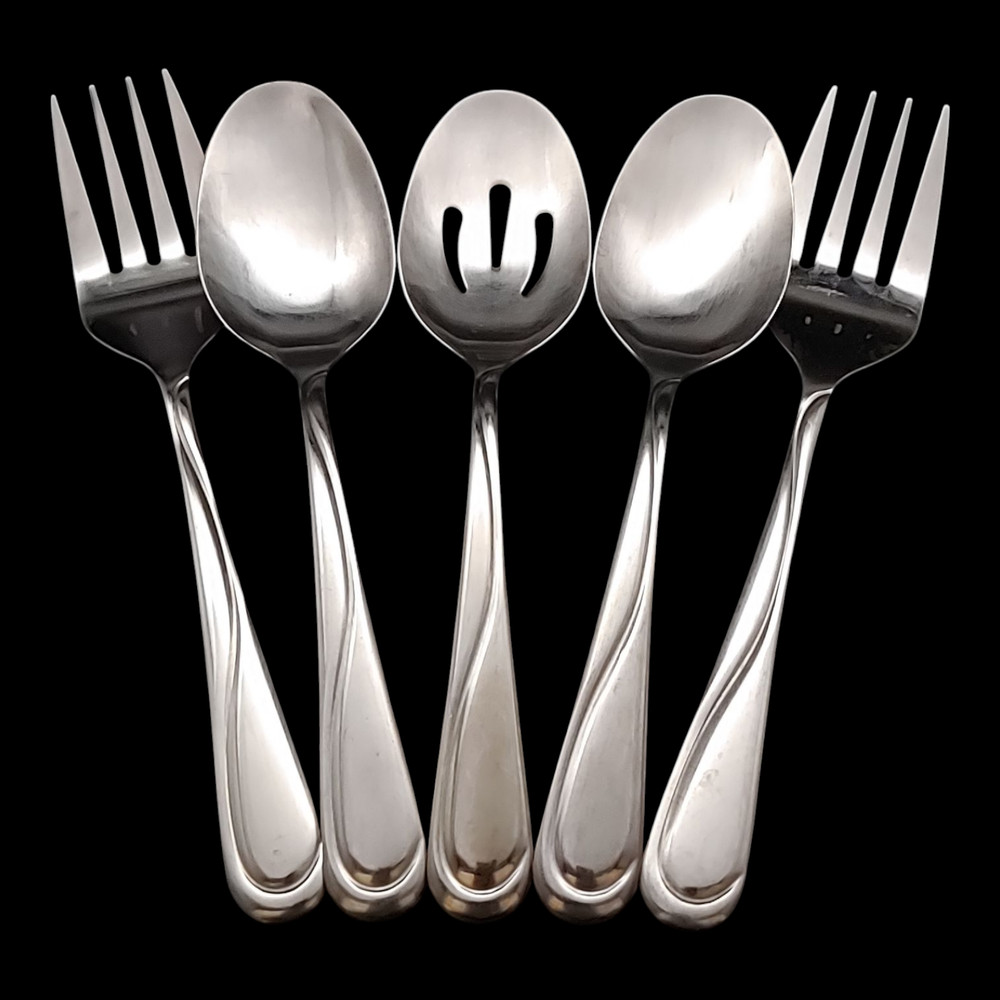 5pc Hampton Silversmiths Swirl Serving Set - Meat Forks, Slotted, Solid Spoon