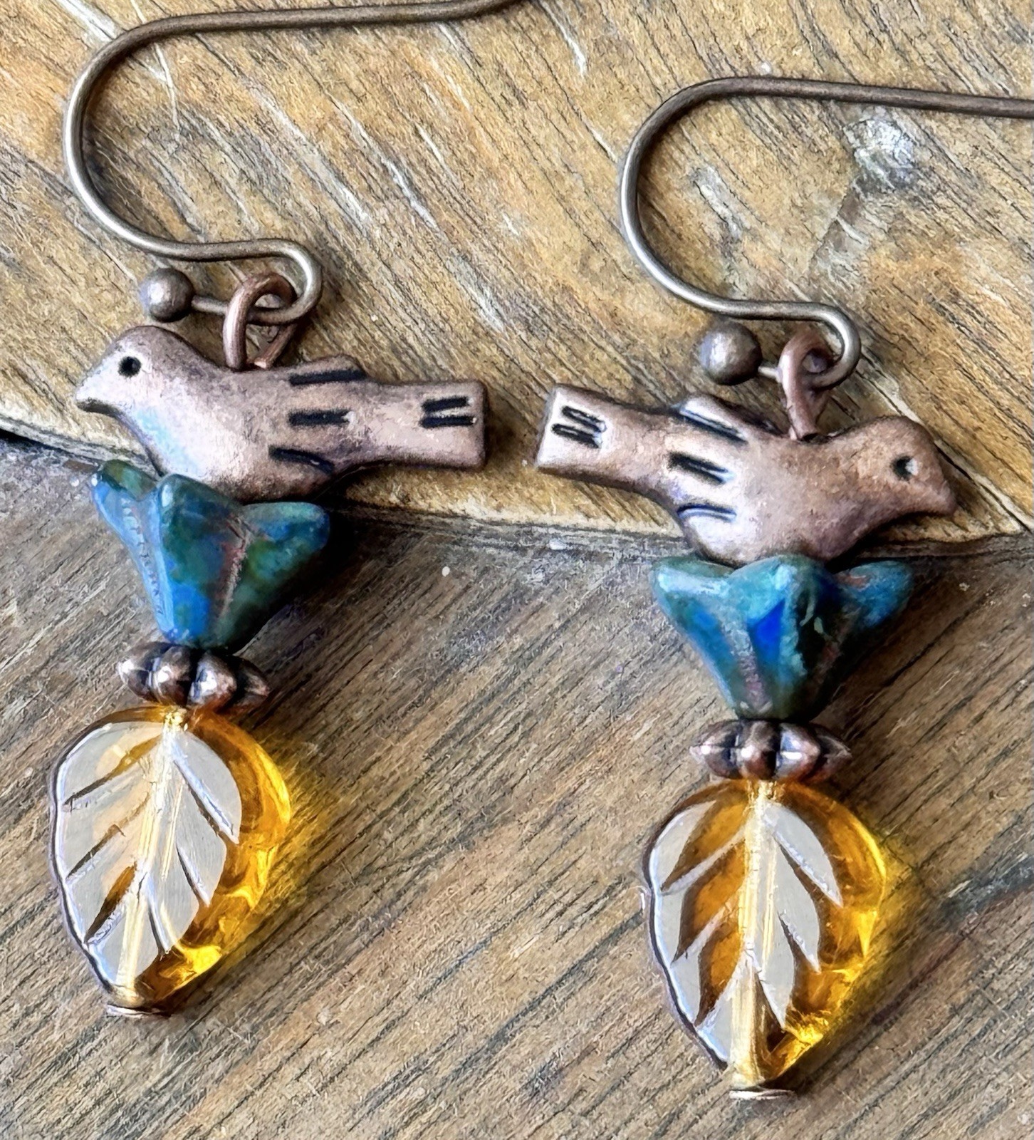 Copper Bird Dangle Earrings. Deep Blue Green Flower with Golden Leaf. Love Doves