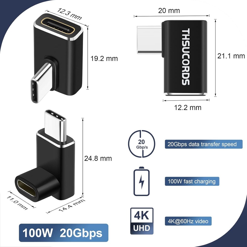 Right Angle USB C Extension Adapter 2 Pack, Left 90 Left&Right 2-PACK