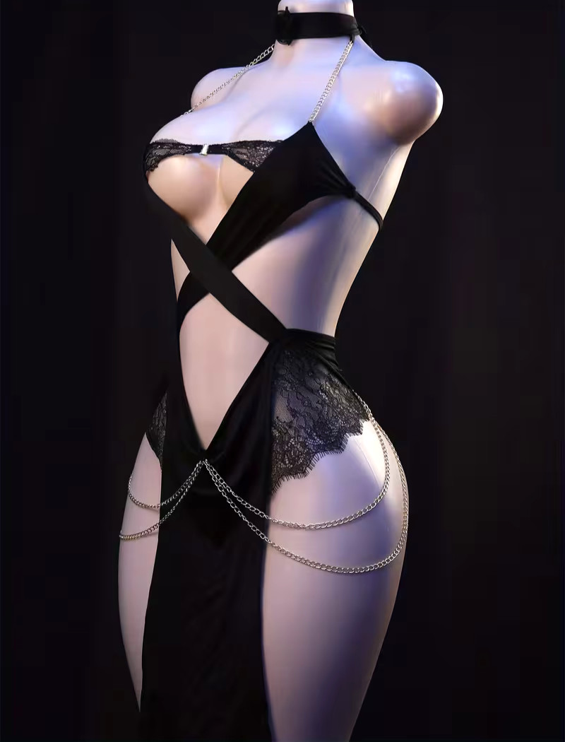 NEW Asian 1-Sz EGYPTIAN CATWOMAN SEDUCTION Black Lace Gld Chain Bodycon Lingerie