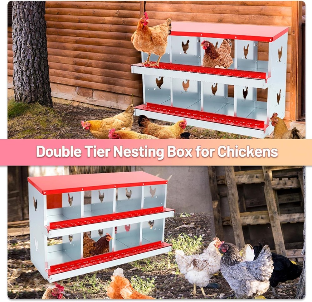 Two-Tier Chicken Nesting Box 8 Compartment Egg Laying Box with Lid Cover