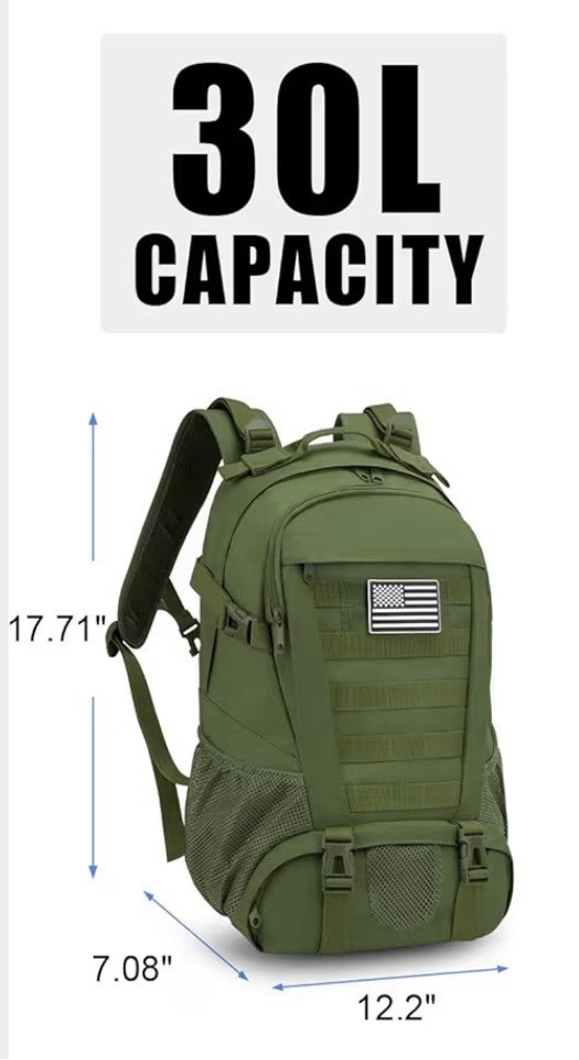 Tactical Backpack, Day Pack, Molle, Waterproof, 30L EDC Bag, With Flag Patch