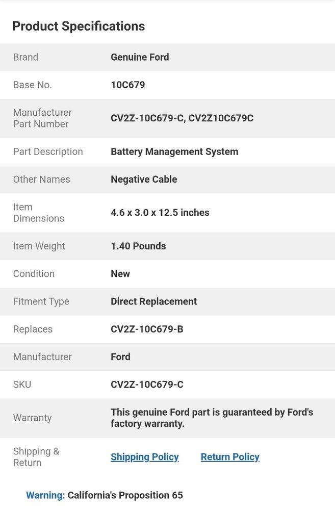 Genuine Ford Negative Cable CV2Z10C679C