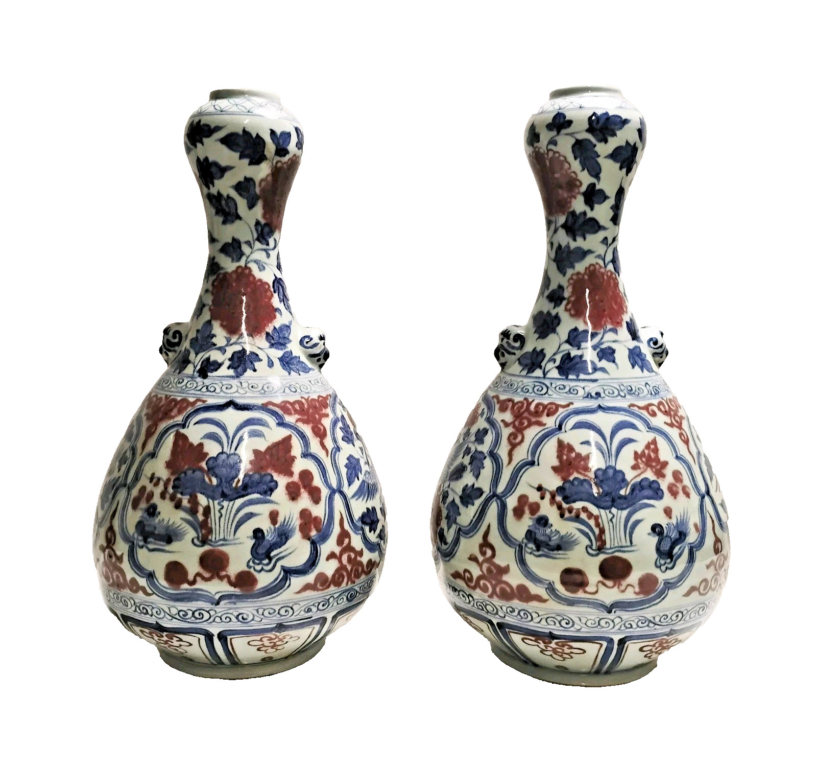 PAIR 20th Century Chinese Blue Copper Red & White Hand Painted Garlic Vase 20"