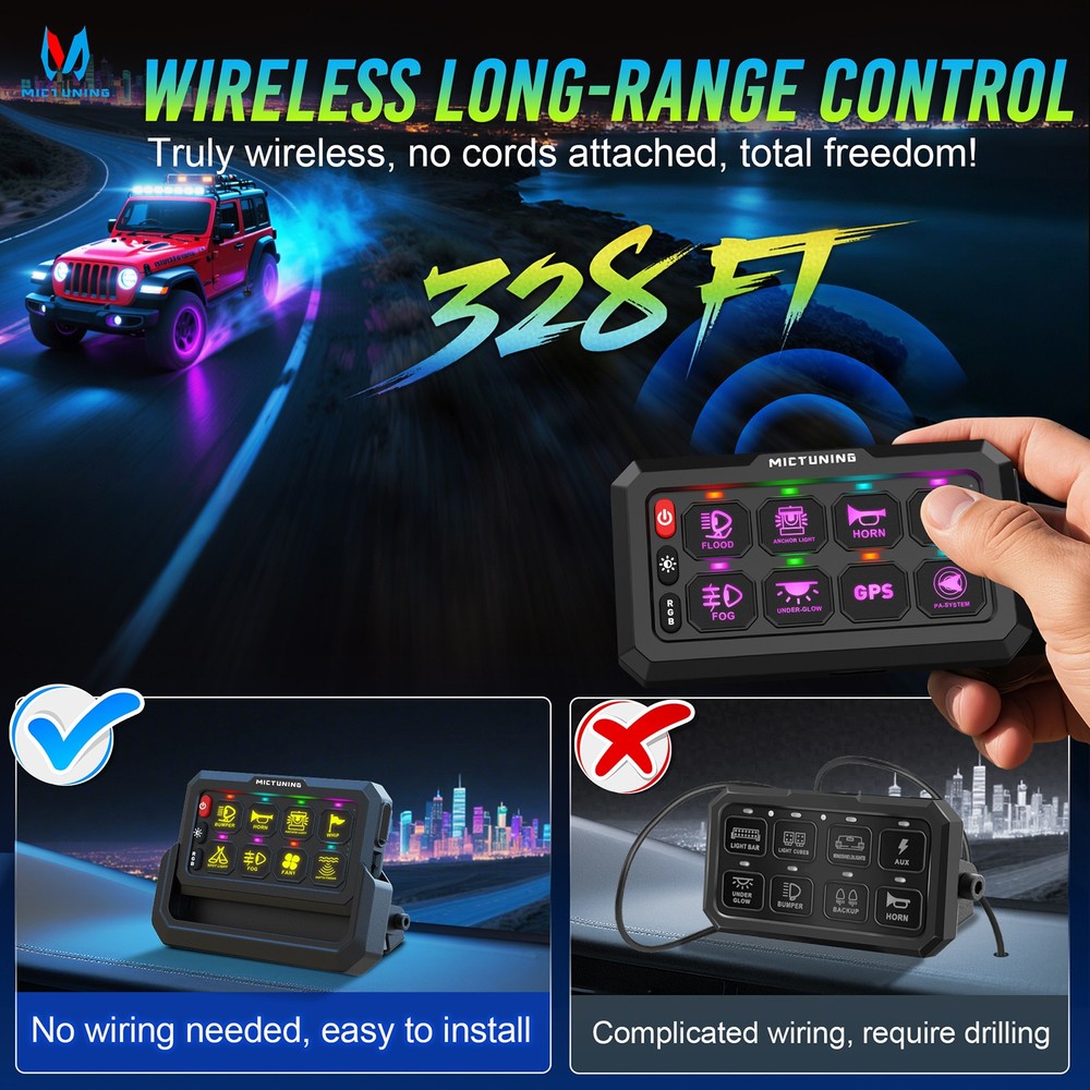 MICTUNING RGB 8 Gang Wireless Switch Panel, Circuit Control Relay System Box