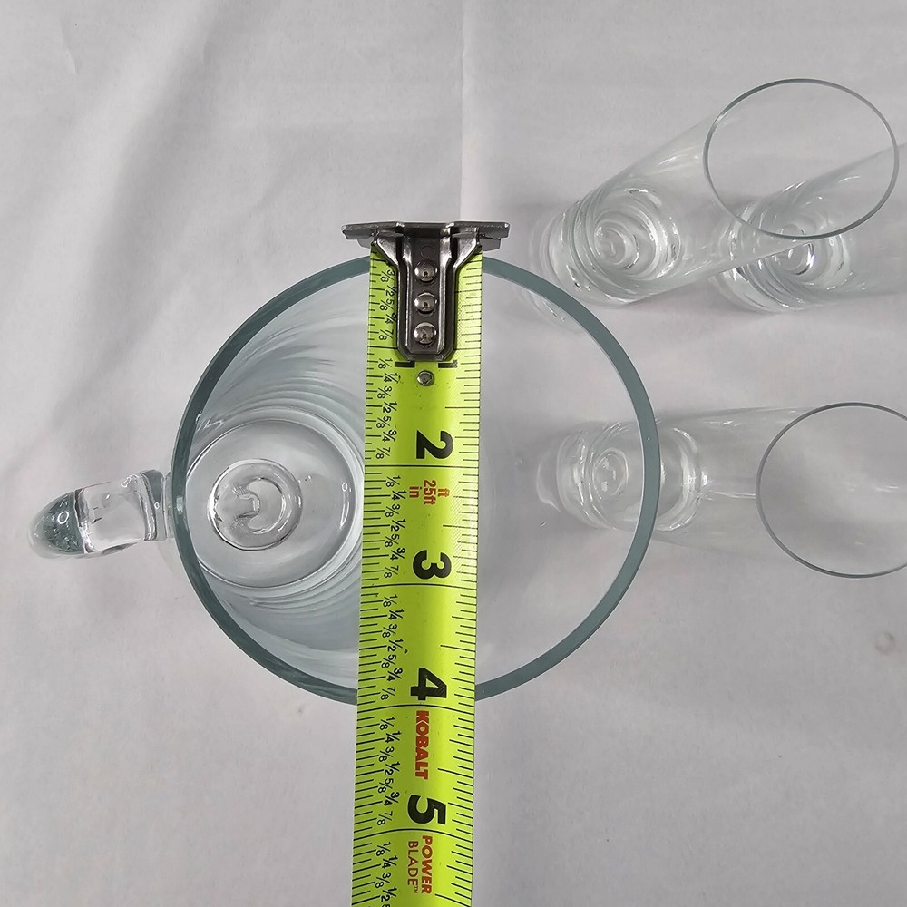 Clear Glass Tilted 9" Pitcher And 3 5.25" Glasses Please Read Description