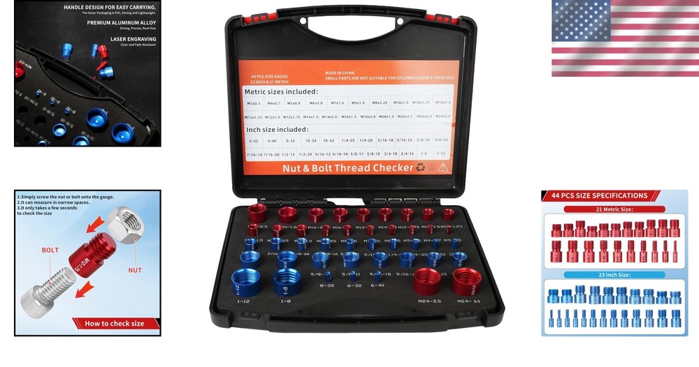 44pcs Inch & Metric Set Nut & Bolt Thread Checker Identifier Thread Gauges Box