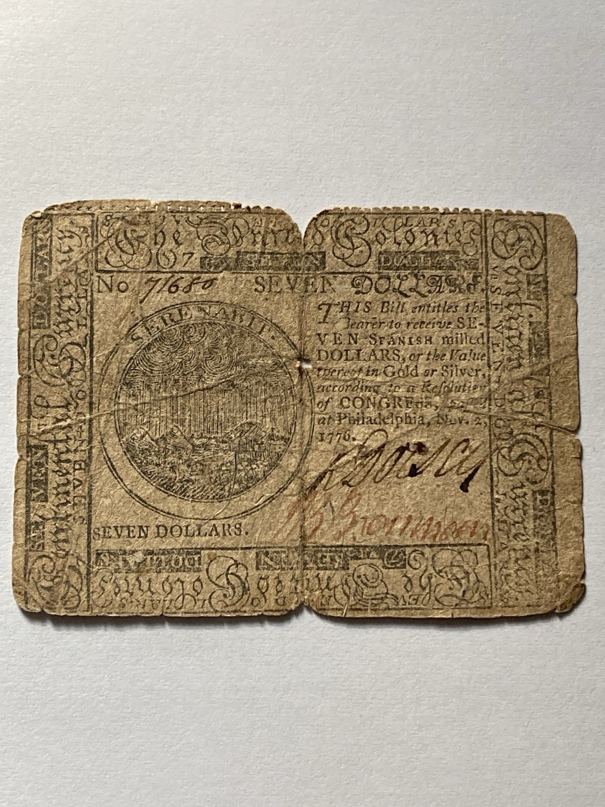 1776 Colonial America’s  Continental Currency Nov 2 1776🇺🇸Rare $7 Dollars🇺🇸