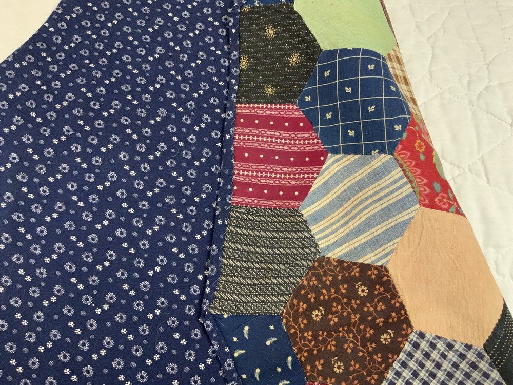 Antique Patchwork Quilt Table Topper, Octagons, Early Calico Prints, Navy, Multi