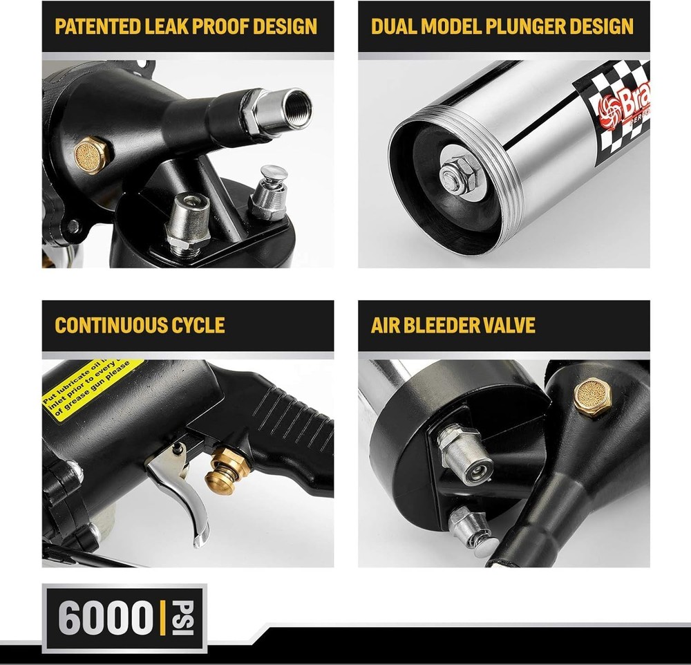 Automatic Pneumatic Grease Gun 6000 PSI Continuous Flow Quick Release Coupler