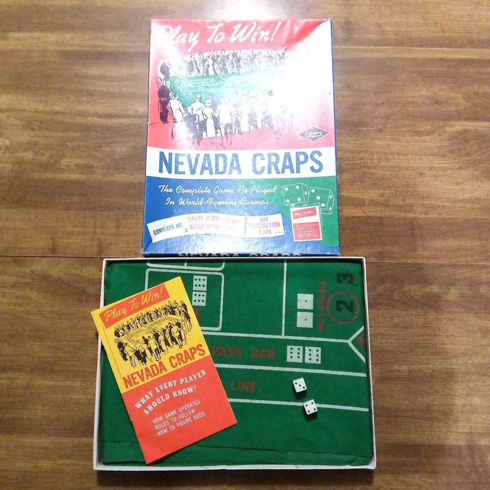 Vtg. E.S. Lowe Nevada Craps Layout Cloth, Dice, Book.