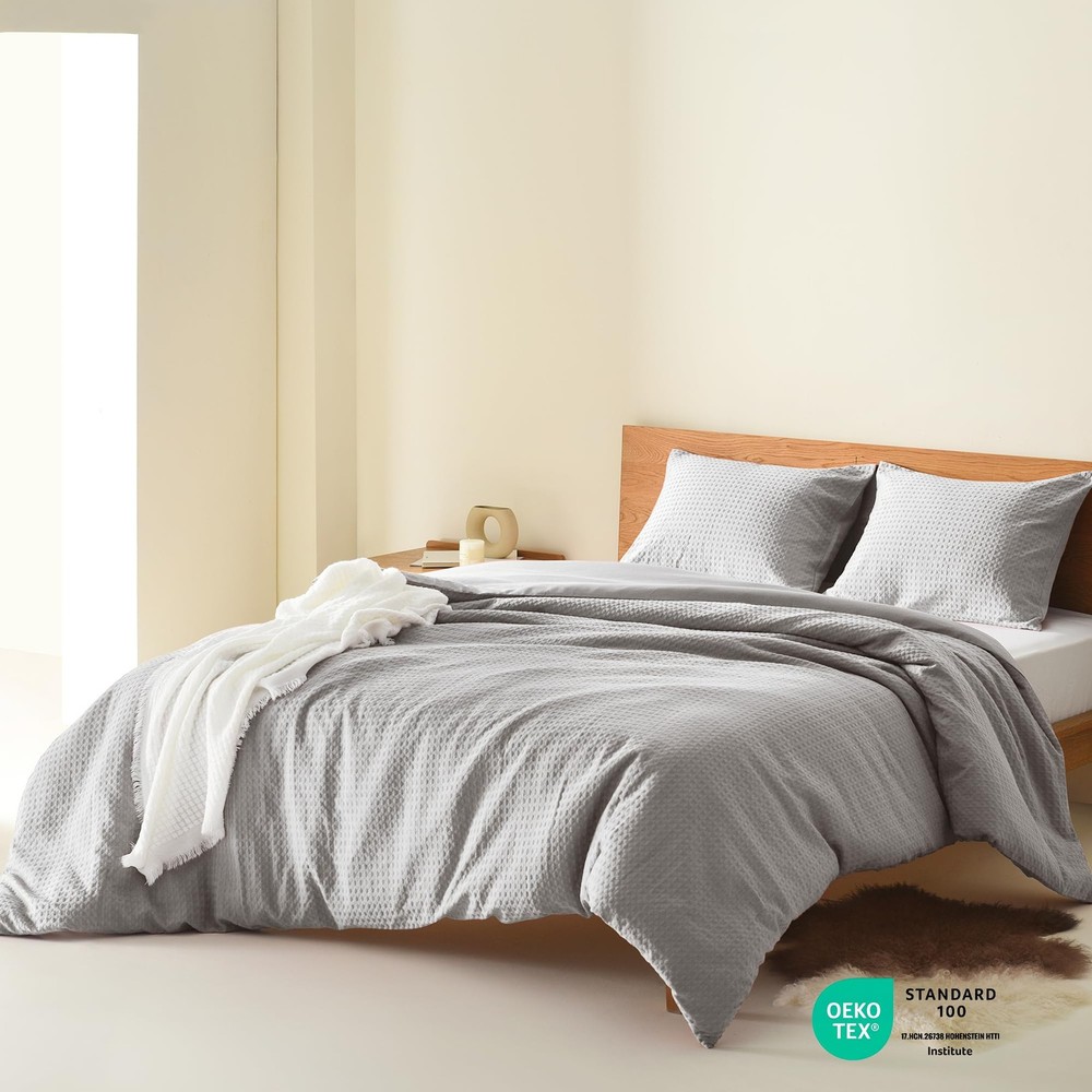 Light Grey Queen Comforter Set - 3 Pieces Breathable Dotted Weave Texture Com...